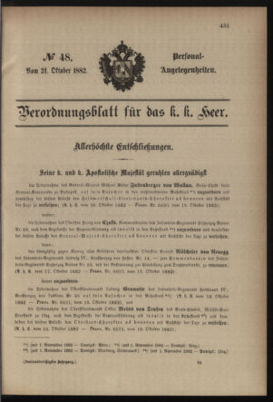 Kaiserlich-königliches Armee-Verordnungsblatt: Personal-Angelegenheiten 18821021 Seite: 1