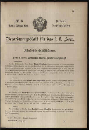 Kaiserlich-königliches Armee-Verordnungsblatt: Personal-Angelegenheiten 18830205 Seite: 1