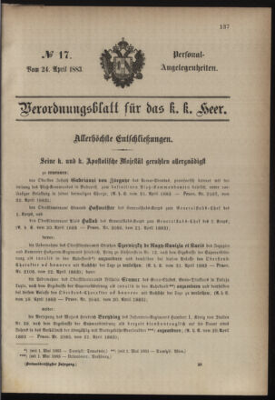 Kaiserlich-königliches Armee-Verordnungsblatt: Personal-Angelegenheiten 18830424 Seite: 1