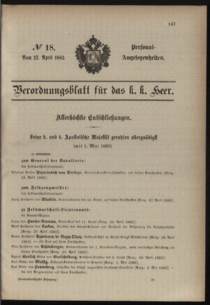 Kaiserlich-königliches Armee-Verordnungsblatt: Personal-Angelegenheiten 18830427 Seite: 1