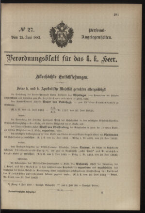 Kaiserlich-königliches Armee-Verordnungsblatt: Personal-Angelegenheiten 18830625 Seite: 1