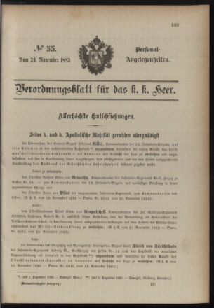 Kaiserlich-königliches Armee-Verordnungsblatt: Personal-Angelegenheiten 18831124 Seite: 1