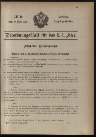 Kaiserlich-königliches Armee-Verordnungsblatt: Personal-Angelegenheiten 18840310 Seite: 1