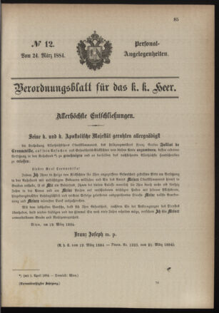 Kaiserlich-königliches Armee-Verordnungsblatt: Personal-Angelegenheiten 18840324 Seite: 1