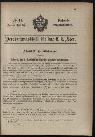 Kaiserlich-königliches Armee-Verordnungsblatt: Personal-Angelegenheiten 18840418 Seite: 1