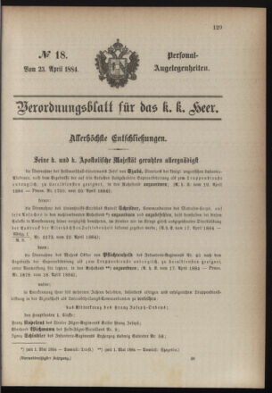 Kaiserlich-königliches Armee-Verordnungsblatt: Personal-Angelegenheiten 18840423 Seite: 1