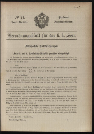 Kaiserlich-königliches Armee-Verordnungsblatt: Personal-Angelegenheiten 18840503 Seite: 1