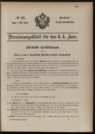 Kaiserlich-königliches Armee-Verordnungsblatt: Personal-Angelegenheiten 18840509 Seite: 1