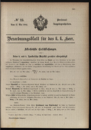 Kaiserlich-königliches Armee-Verordnungsblatt: Personal-Angelegenheiten 18840517 Seite: 1