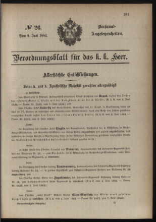 Kaiserlich-königliches Armee-Verordnungsblatt: Personal-Angelegenheiten 18840609 Seite: 1