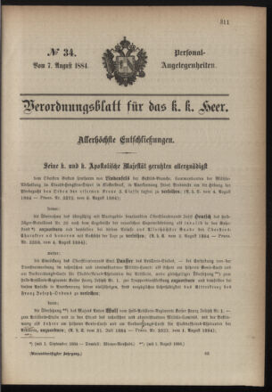 Kaiserlich-königliches Armee-Verordnungsblatt: Personal-Angelegenheiten 18840807 Seite: 1