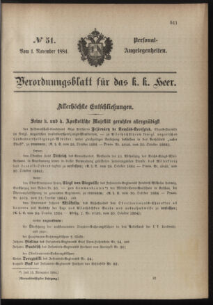 Kaiserlich-königliches Armee-Verordnungsblatt: Personal-Angelegenheiten 18841101 Seite: 1