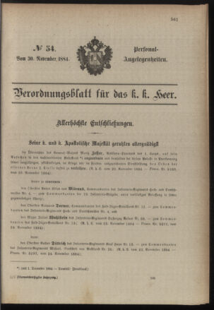 Kaiserlich-königliches Armee-Verordnungsblatt: Personal-Angelegenheiten 18841130 Seite: 1