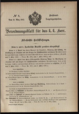 Kaiserlich-königliches Armee-Verordnungsblatt: Personal-Angelegenheiten 18850312 Seite: 1