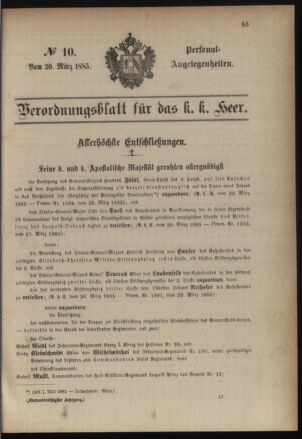 Kaiserlich-königliches Armee-Verordnungsblatt: Personal-Angelegenheiten 18850330 Seite: 1