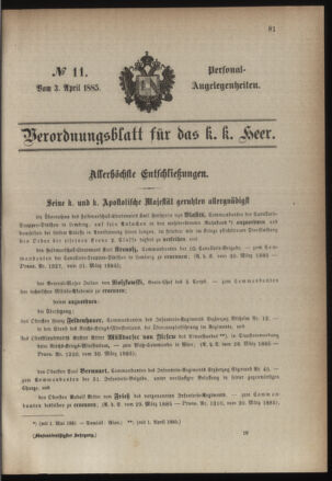 Kaiserlich-königliches Armee-Verordnungsblatt: Personal-Angelegenheiten 18850403 Seite: 1