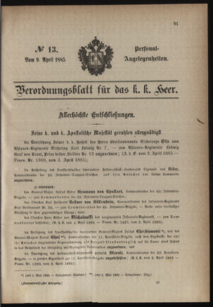 Kaiserlich-königliches Armee-Verordnungsblatt: Personal-Angelegenheiten 18850409 Seite: 1