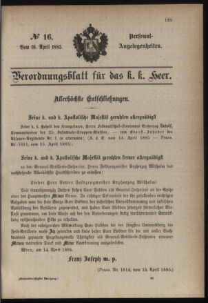 Kaiserlich-königliches Armee-Verordnungsblatt: Personal-Angelegenheiten 18850416 Seite: 1