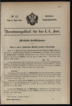 Kaiserlich-königliches Armee-Verordnungsblatt: Personal-Angelegenheiten 18850418 Seite: 1