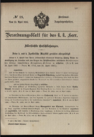 Kaiserlich-königliches Armee-Verordnungsblatt: Personal-Angelegenheiten 18850424 Seite: 1