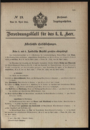 Kaiserlich-königliches Armee-Verordnungsblatt: Personal-Angelegenheiten 18850426 Seite: 1