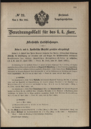 Kaiserlich-königliches Armee-Verordnungsblatt: Personal-Angelegenheiten 18850502 Seite: 1