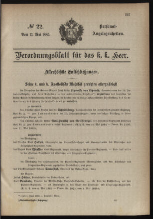 Kaiserlich-königliches Armee-Verordnungsblatt: Personal-Angelegenheiten 18850513 Seite: 1