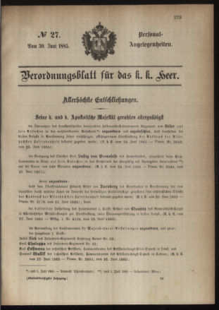 Kaiserlich-königliches Armee-Verordnungsblatt: Personal-Angelegenheiten 18850630 Seite: 1