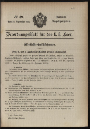 Kaiserlich-königliches Armee-Verordnungsblatt: Personal-Angelegenheiten 18850924 Seite: 1