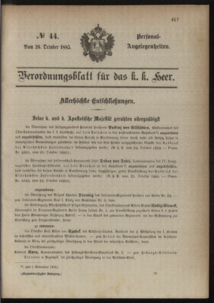 Kaiserlich-königliches Armee-Verordnungsblatt: Personal-Angelegenheiten 18851026 Seite: 1