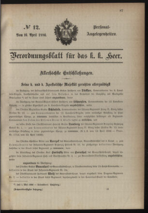 Kaiserlich-königliches Armee-Verordnungsblatt: Personal-Angelegenheiten 18860416 Seite: 1