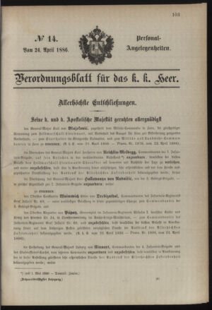 Kaiserlich-königliches Armee-Verordnungsblatt: Personal-Angelegenheiten 18860424 Seite: 1