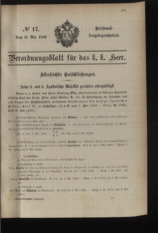 Kaiserlich-königliches Armee-Verordnungsblatt: Personal-Angelegenheiten 18860514 Seite: 1