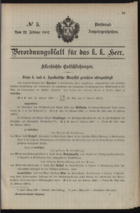 Kaiserlich-königliches Armee-Verordnungsblatt: Personal-Angelegenheiten 18870222 Seite: 1