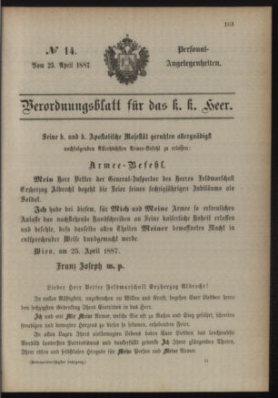 Kaiserlich-königliches Armee-Verordnungsblatt: Personal-Angelegenheiten 18870425 Seite: 1