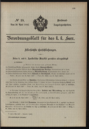 Kaiserlich-königliches Armee-Verordnungsblatt: Personal-Angelegenheiten 18870430 Seite: 1