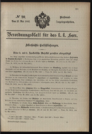 Kaiserlich-königliches Armee-Verordnungsblatt: Personal-Angelegenheiten 18870527 Seite: 1