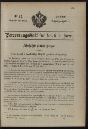 Kaiserlich-königliches Armee-Verordnungsblatt: Personal-Angelegenheiten 18870730 Seite: 1