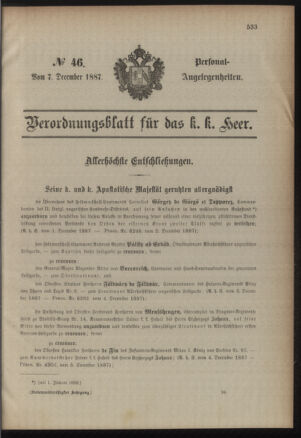 Kaiserlich-königliches Armee-Verordnungsblatt: Personal-Angelegenheiten 18871207 Seite: 1