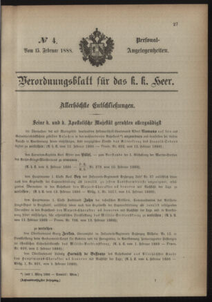 Kaiserlich-königliches Armee-Verordnungsblatt: Personal-Angelegenheiten 18880215 Seite: 1