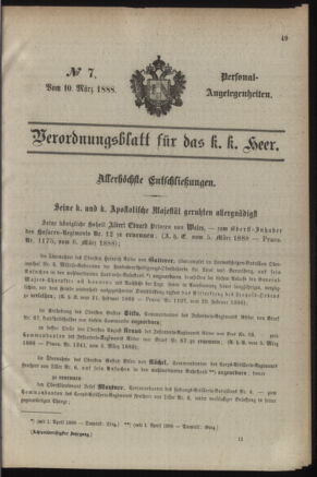 Kaiserlich-königliches Armee-Verordnungsblatt: Personal-Angelegenheiten 18880310 Seite: 1