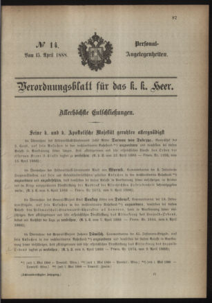 Kaiserlich-königliches Armee-Verordnungsblatt: Personal-Angelegenheiten 18880415 Seite: 1