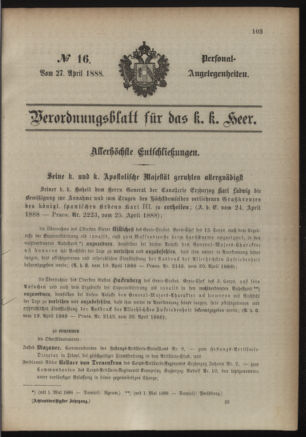 Kaiserlich-königliches Armee-Verordnungsblatt: Personal-Angelegenheiten 18880427 Seite: 1