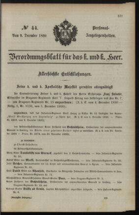 Kaiserlich-königliches Armee-Verordnungsblatt: Personal-Angelegenheiten 18901209 Seite: 1