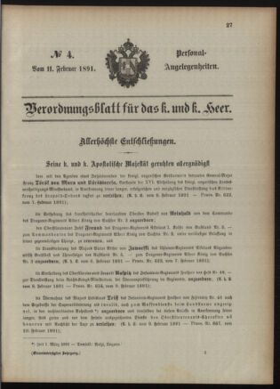 Kaiserlich-königliches Armee-Verordnungsblatt: Personal-Angelegenheiten 18910211 Seite: 1