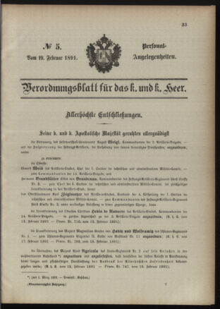 Kaiserlich-königliches Armee-Verordnungsblatt: Personal-Angelegenheiten 18910219 Seite: 1