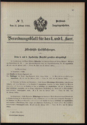 Kaiserlich-königliches Armee-Verordnungsblatt: Personal-Angelegenheiten 18910227 Seite: 1