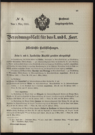 Kaiserlich-königliches Armee-Verordnungsblatt: Personal-Angelegenheiten 18910307 Seite: 1