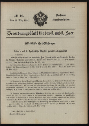 Kaiserlich-königliches Armee-Verordnungsblatt: Personal-Angelegenheiten 18910321 Seite: 1