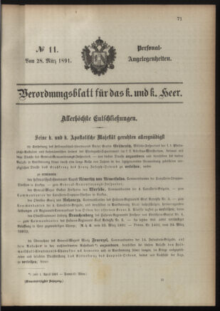 Kaiserlich-königliches Armee-Verordnungsblatt: Personal-Angelegenheiten 18910328 Seite: 1